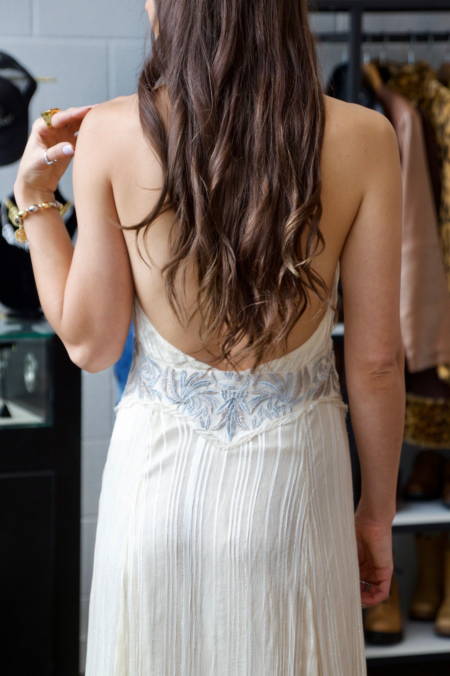 Embroidered Plunging Maxi Dress